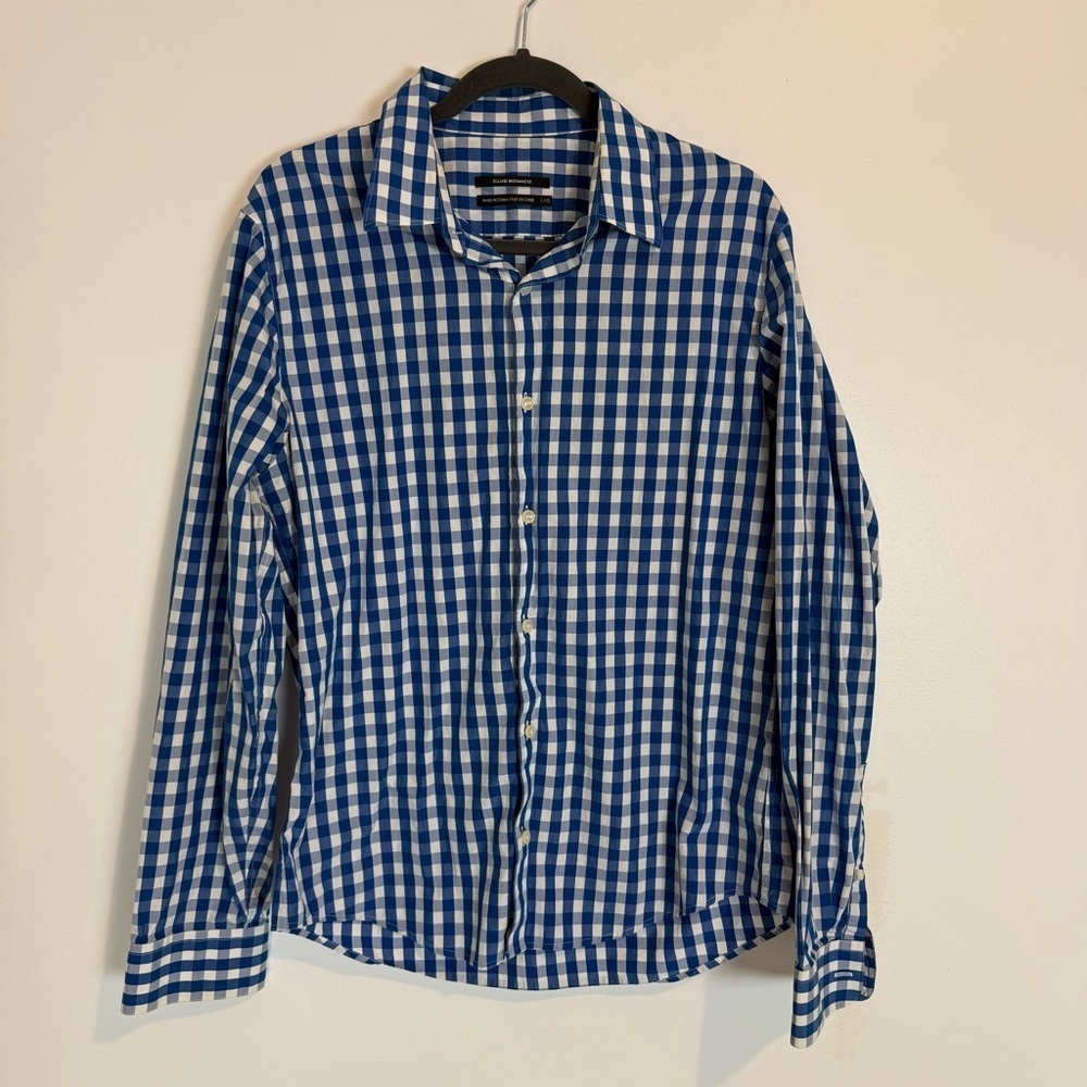 Club Monaco Gingham Button Down Shirt Plaid Textured Mens Slim L white blue